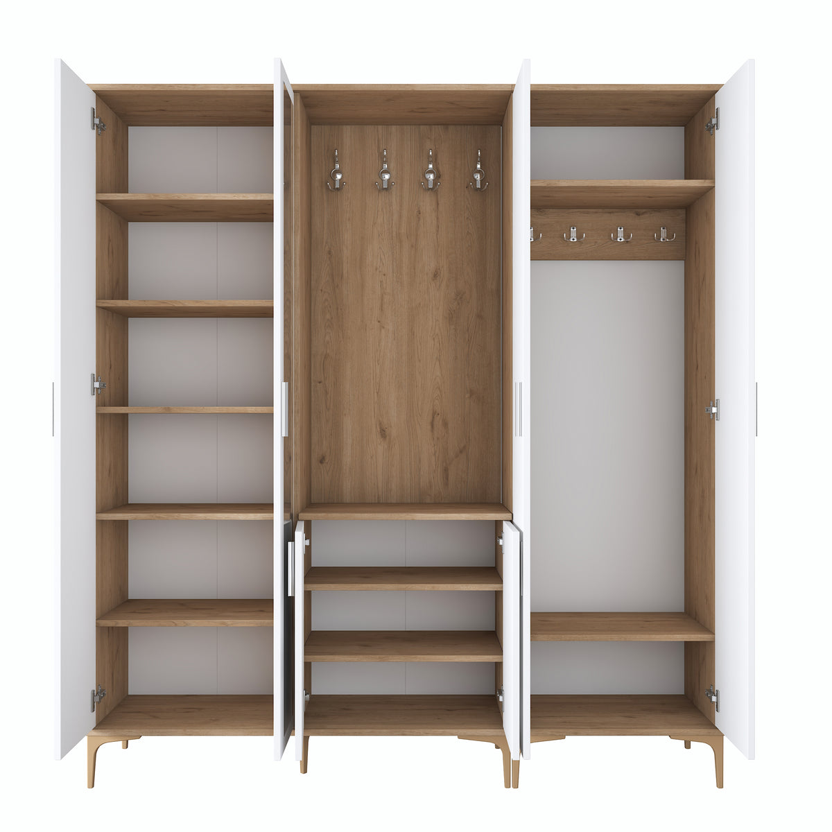 Rani EA154 modern aynalı raflı askılı portmanto ayakkabılık vestiyer sepet ceviz beyaz