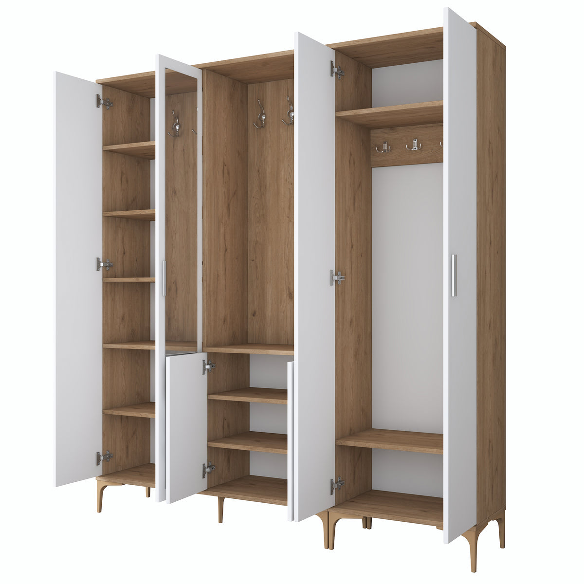 Rani EA154 modern aynalı raflı askılı portmanto ayakkabılık vestiyer sepet ceviz beyaz