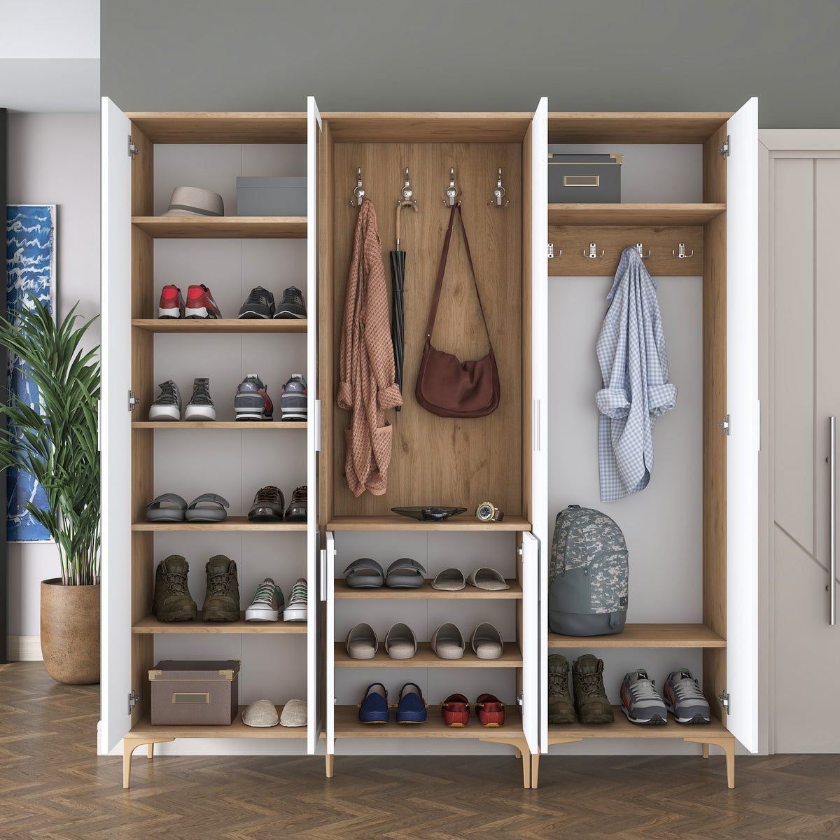 Rani EA154 modern aynalı raflı askılı portmanto ayakkabılık vestiyer sepet ceviz beyaz