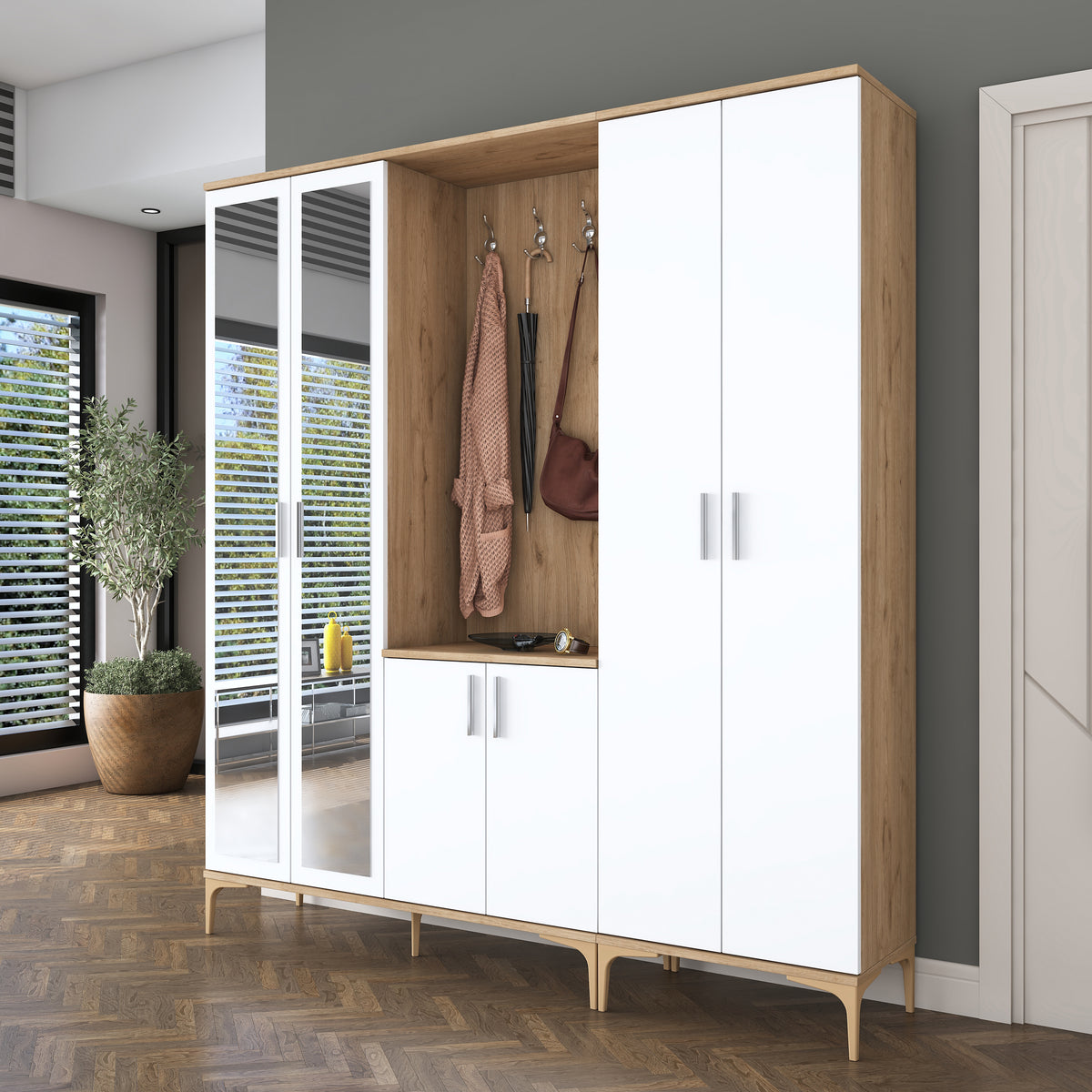 Rani EA154 modern aynalı raflı askılı portmanto ayakkabılık vestiyer sepet ceviz beyaz