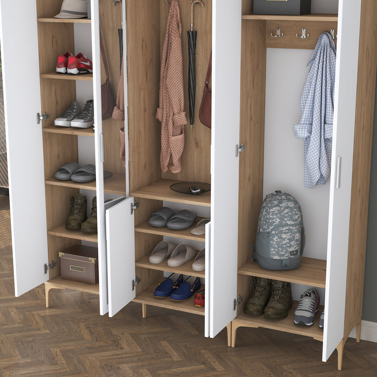 Rani EA154 modern aynalı raflı askılı portmanto ayakkabılık vestiyer sepet ceviz beyaz