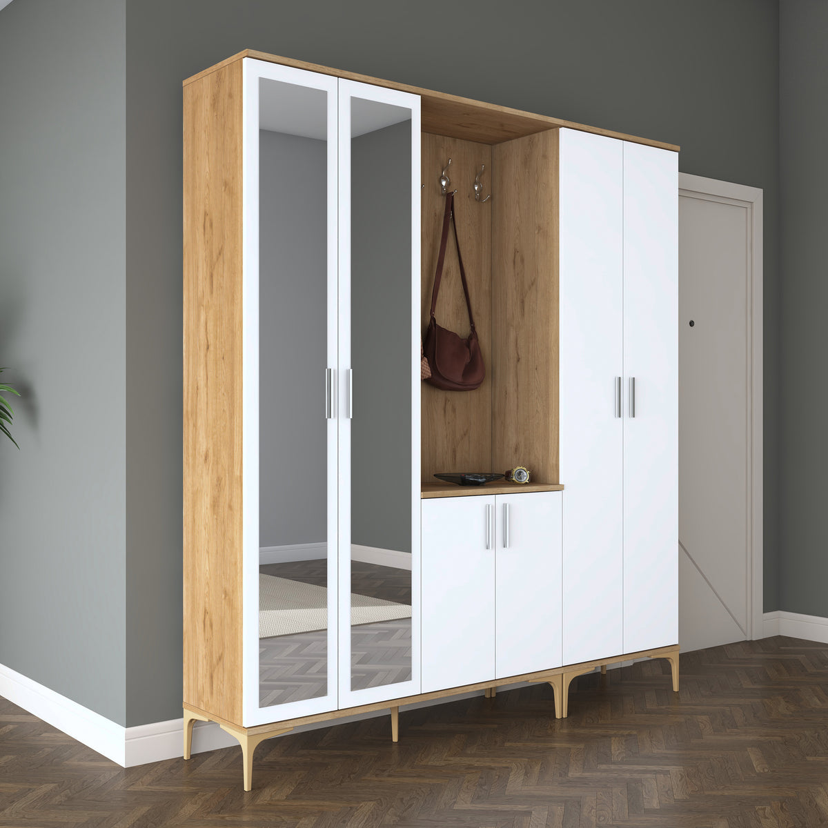 Rani EA154 modern aynalı raflı askılı portmanto ayakkabılık vestiyer sepet ceviz beyaz