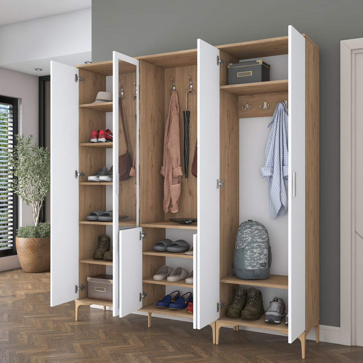 Rani EA154 modern aynalı raflı askılı portmanto ayakkabılık vestiyer sepet ceviz beyaz
