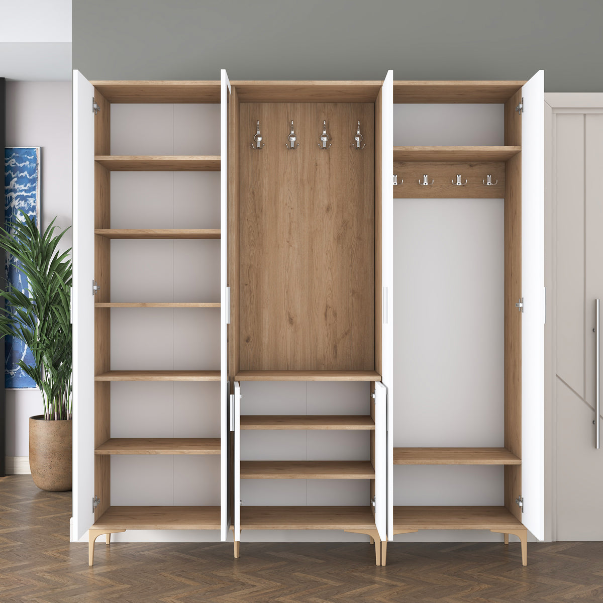 Rani EA154 modern aynalı raflı askılı portmanto ayakkabılık vestiyer sepet ceviz beyaz