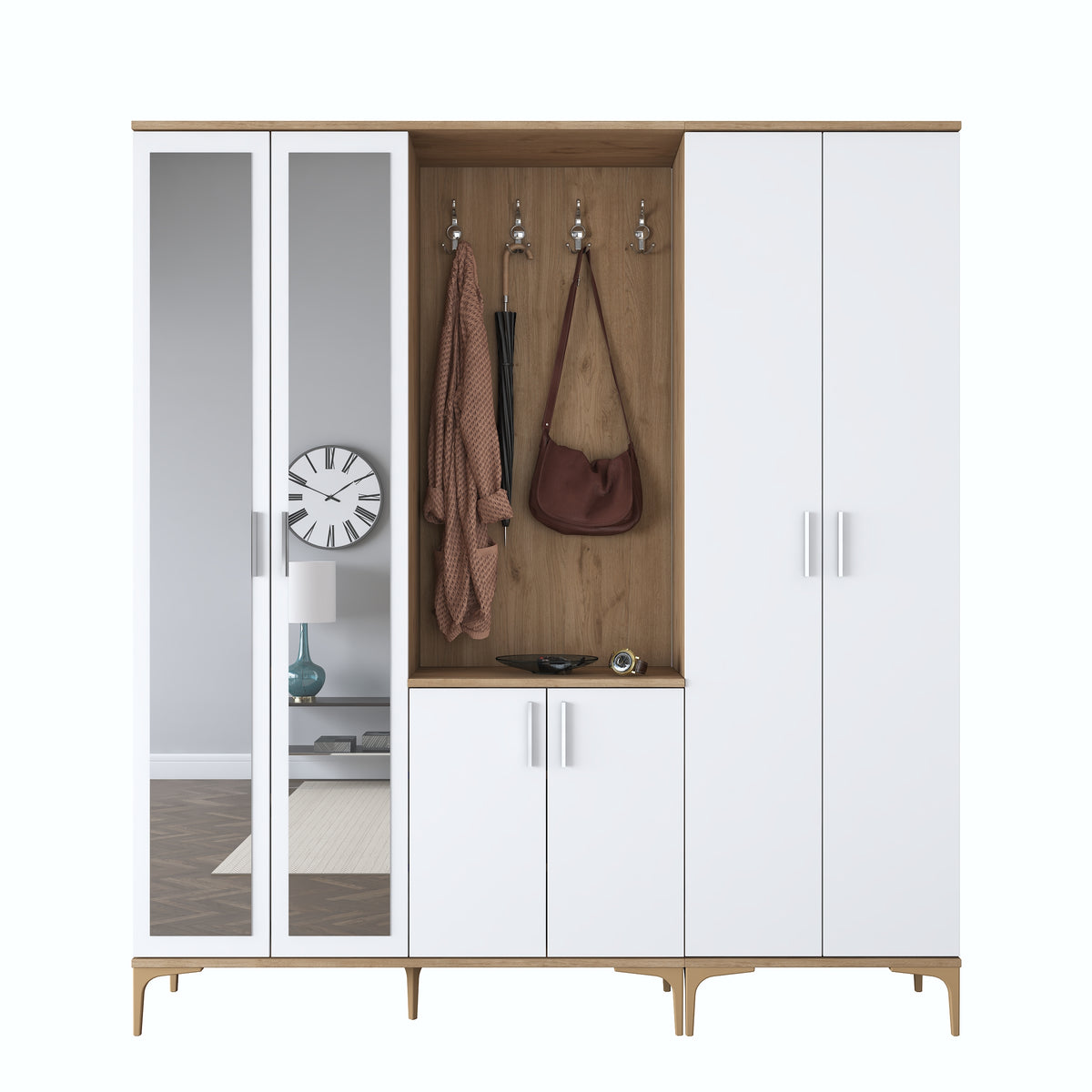 Rani EA154 modern aynalı raflı askılı portmanto ayakkabılık vestiyer sepet ceviz beyaz