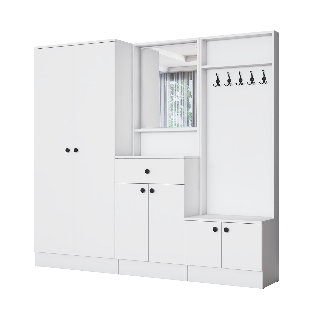 Rani EA152 modern beyaz portmanto çekmeceli aynalı raflı askılı ayakkabılık vestiyer