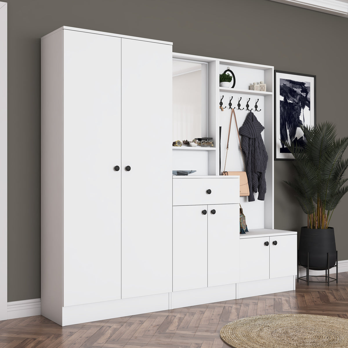 Rani EA152 modern beyaz portmanto çekmeceli aynalı raflı askılı ayakkabılık vestiyer