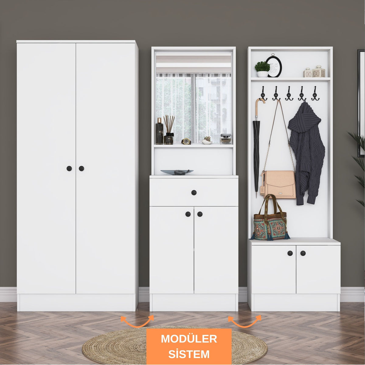 Rani EA152 modern beyaz portmanto çekmeceli aynalı raflı askılı ayakkabılık vestiyer