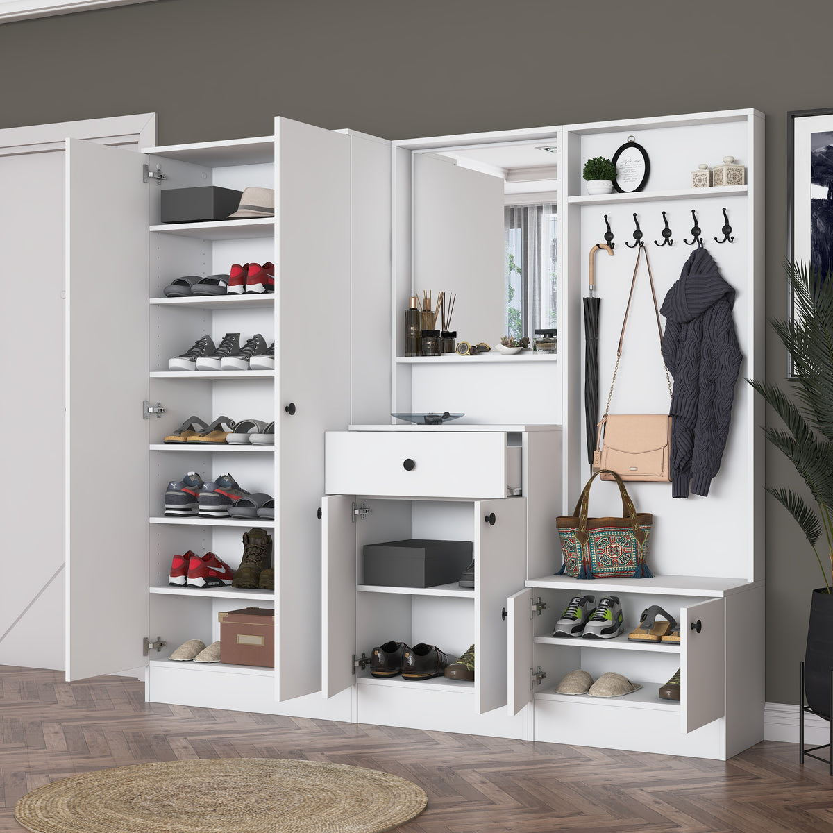 Rani EA152 modern beyaz portmanto çekmeceli aynalı raflı askılı ayakkabılık vestiyer