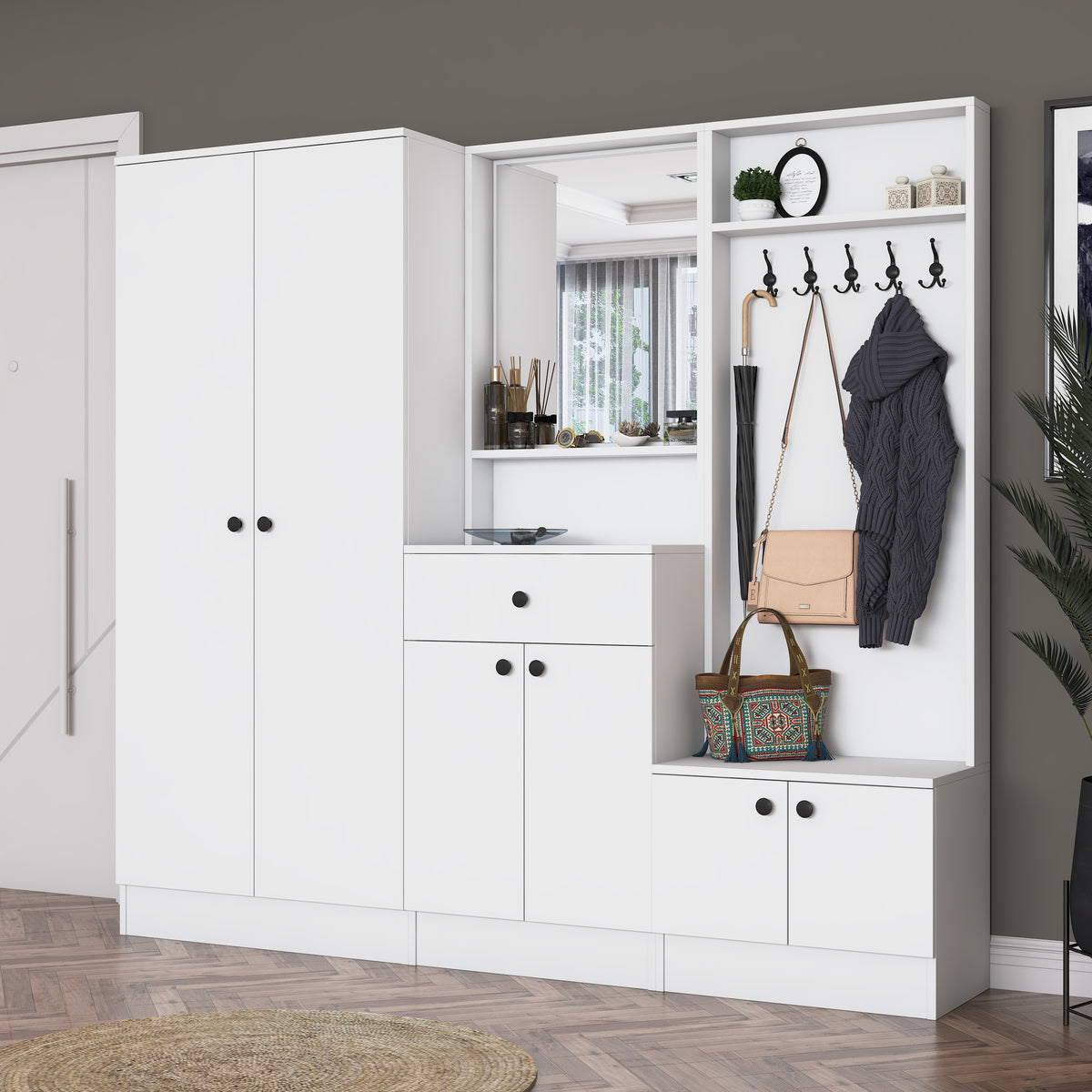 Rani EA152 modern beyaz portmanto çekmeceli aynalı raflı askılı ayakkabılık vestiyer