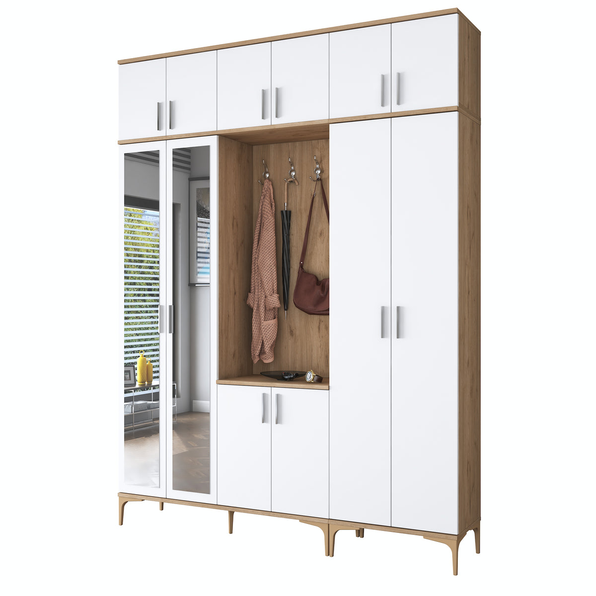 Rani EA155 modern portmanto 12 kapaklı aynalı raflı askılı ayakkabılık vestiyer sepet ceviz beyaz