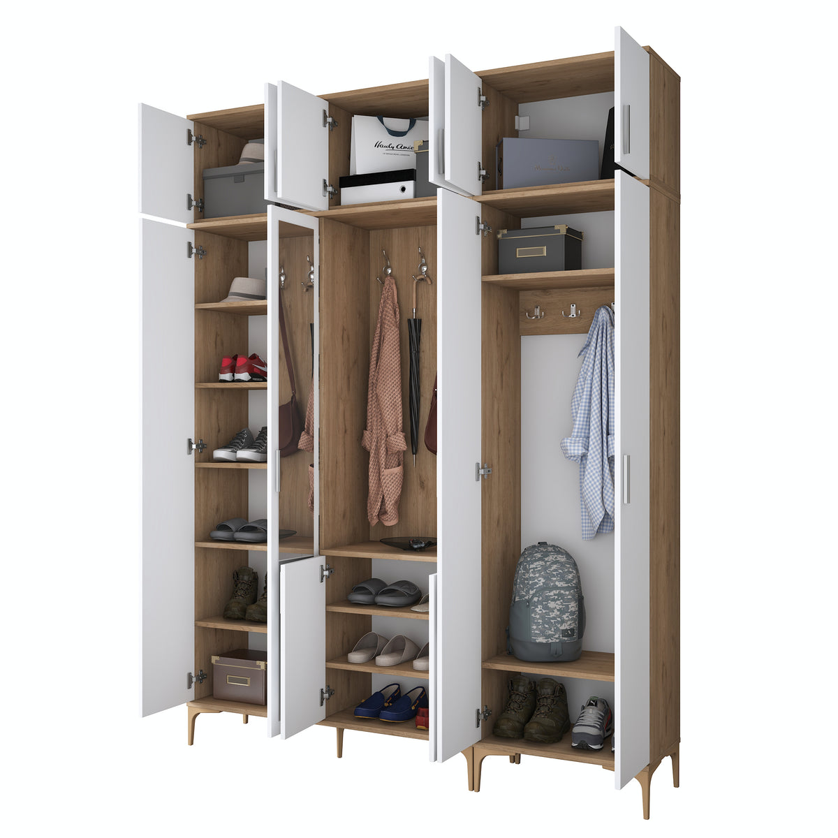 Rani EA155 modern portmanto 12 kapaklı aynalı raflı askılı ayakkabılık vestiyer sepet ceviz beyaz