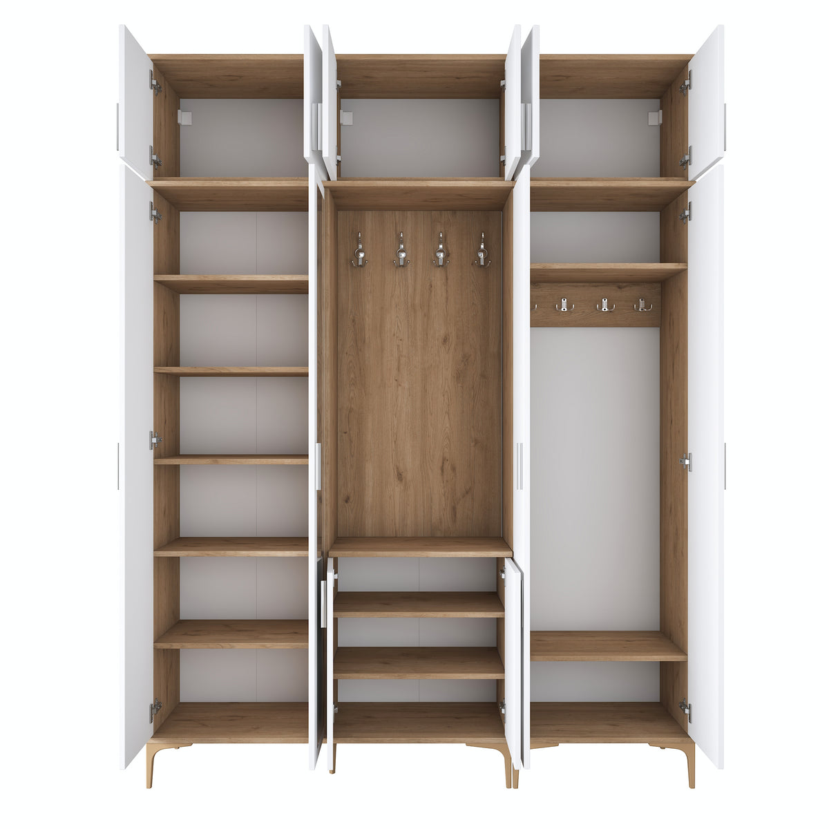Rani EA155 modern portmanto 12 kapaklı aynalı raflı askılı ayakkabılık vestiyer sepet ceviz beyaz