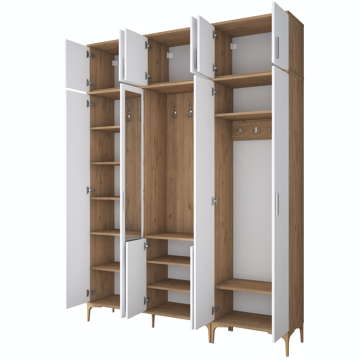 Rani EA155 modern portmanto 12 kapaklı aynalı raflı askılı ayakkabılık vestiyer sepet ceviz beyaz