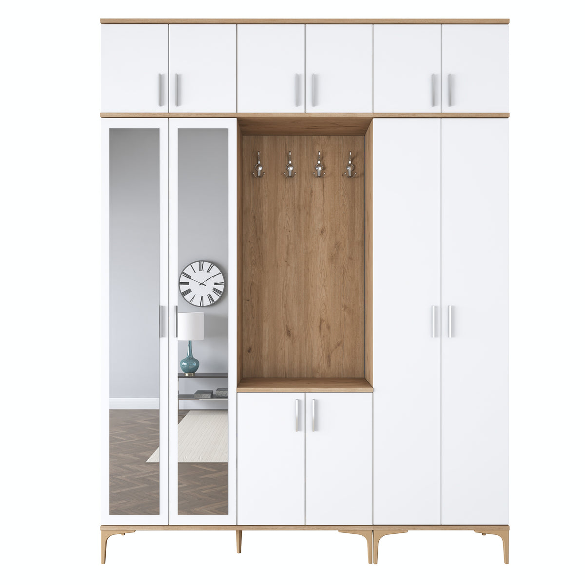 Rani EA155 modern portmanto 12 kapaklı aynalı raflı askılı ayakkabılık vestiyer sepet ceviz beyaz