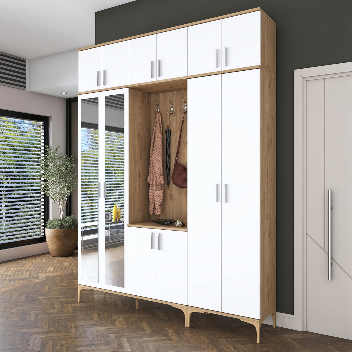 Rani EA155 modern portmanto 12 kapaklı aynalı raflı askılı ayakkabılık vestiyer sepet ceviz beyaz