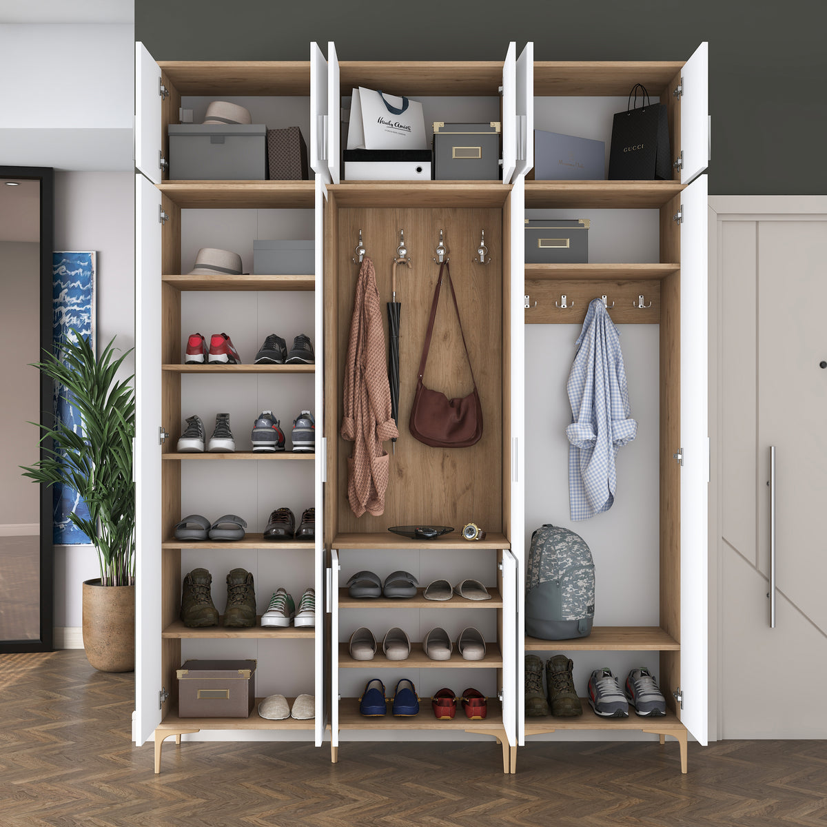 Rani EA155 modern portmanto 12 kapaklı aynalı raflı askılı ayakkabılık vestiyer sepet ceviz beyaz