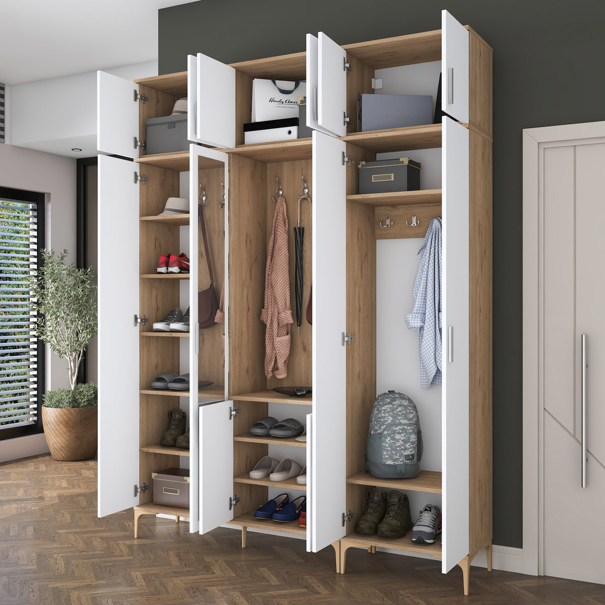 Rani EA155 modern portmanto 12 kapaklı aynalı raflı askılı ayakkabılık vestiyer sepet ceviz beyaz