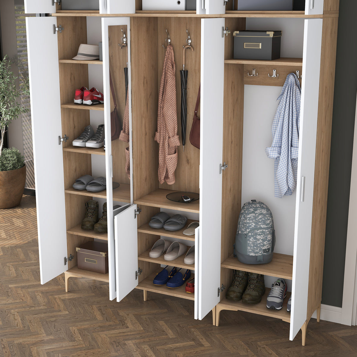 Rani EA155 modern portmanto 12 kapaklı aynalı raflı askılı ayakkabılık vestiyer sepet ceviz beyaz