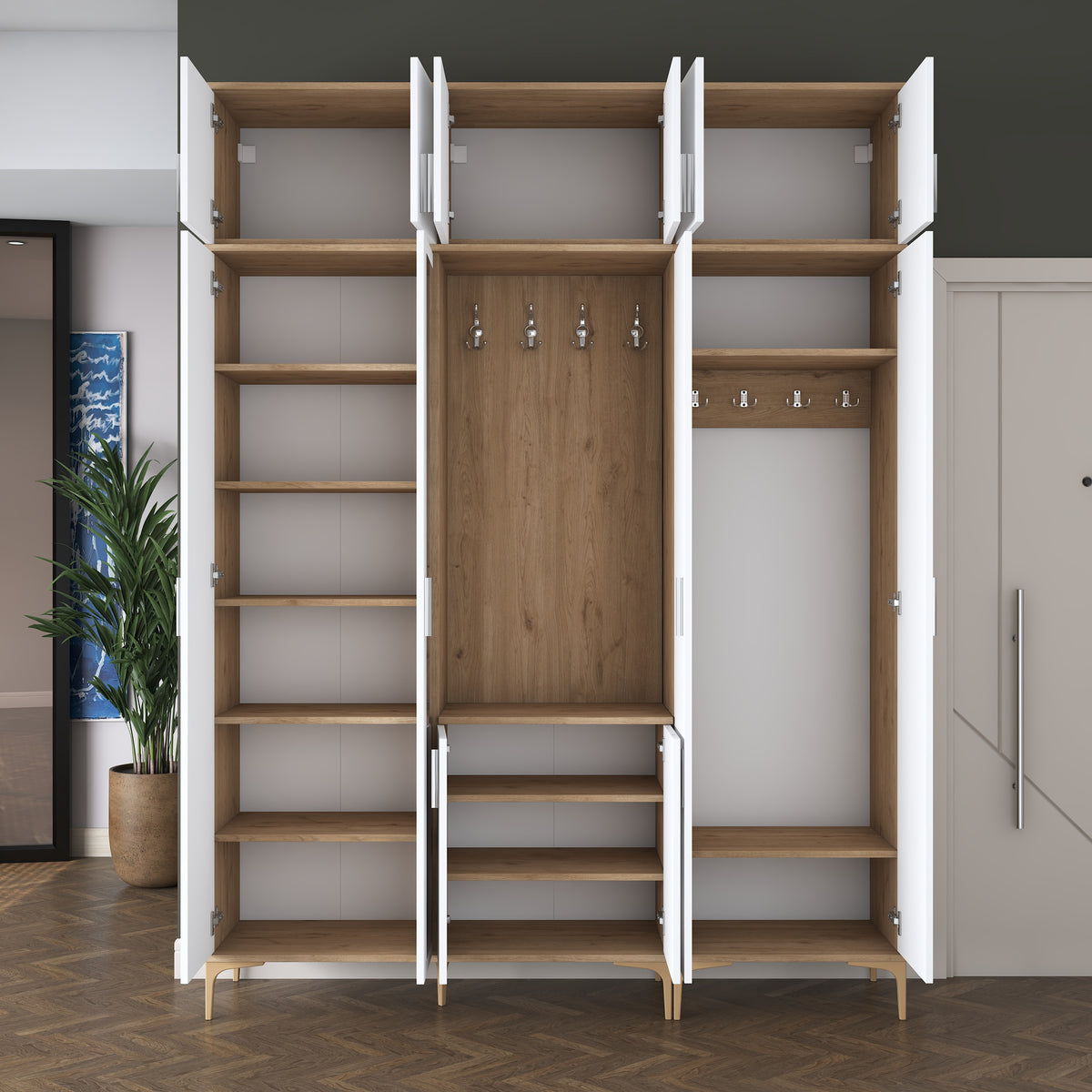 Rani EA155 modern portmanto 12 kapaklı aynalı raflı askılı ayakkabılık vestiyer sepet ceviz beyaz