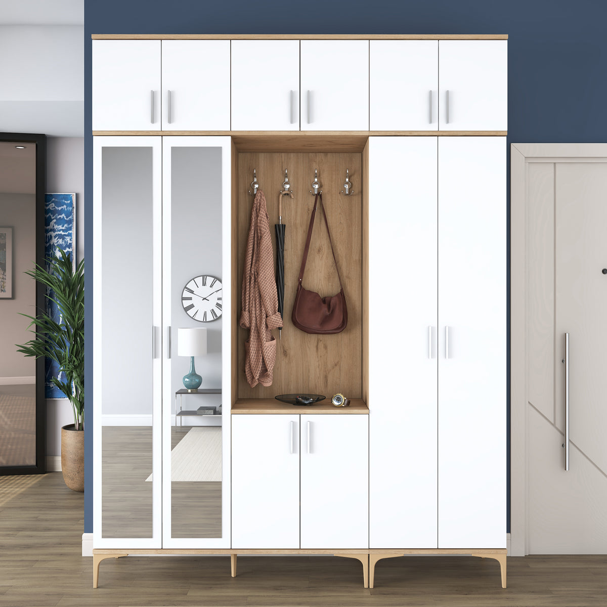Rani EA157 modern portmanto aynalı raflı askılı ayakkabılık vestiyer sepet ceviz beyaz