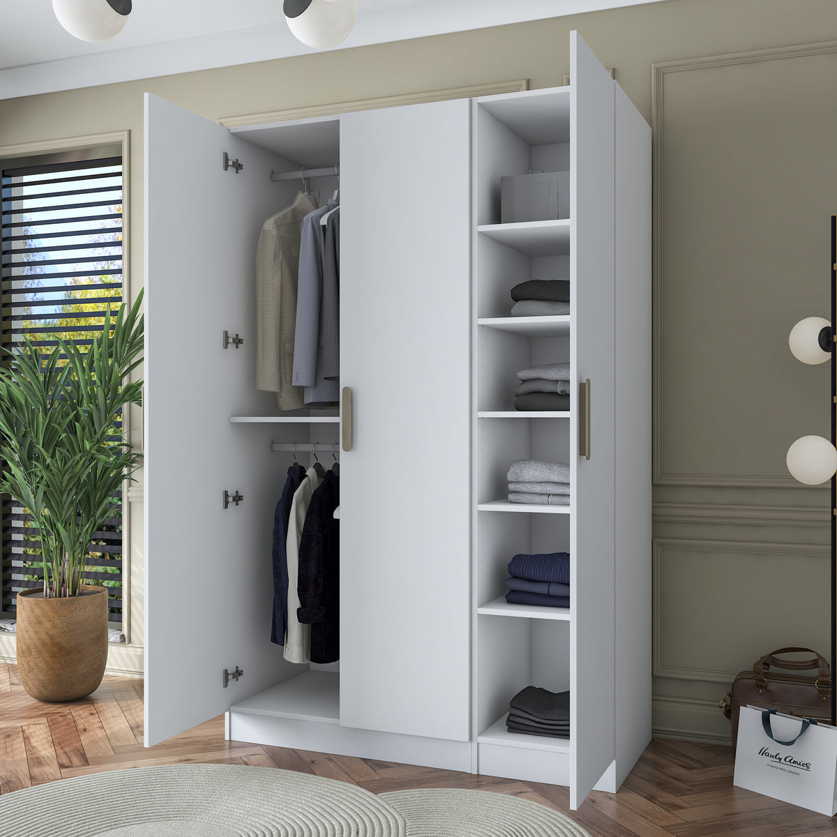 Rani BA164 beyaz 3 kapaklı gardırop, 6 raflı ve 2 askılı modüler elbise dolabı modern yatak odası görünümü