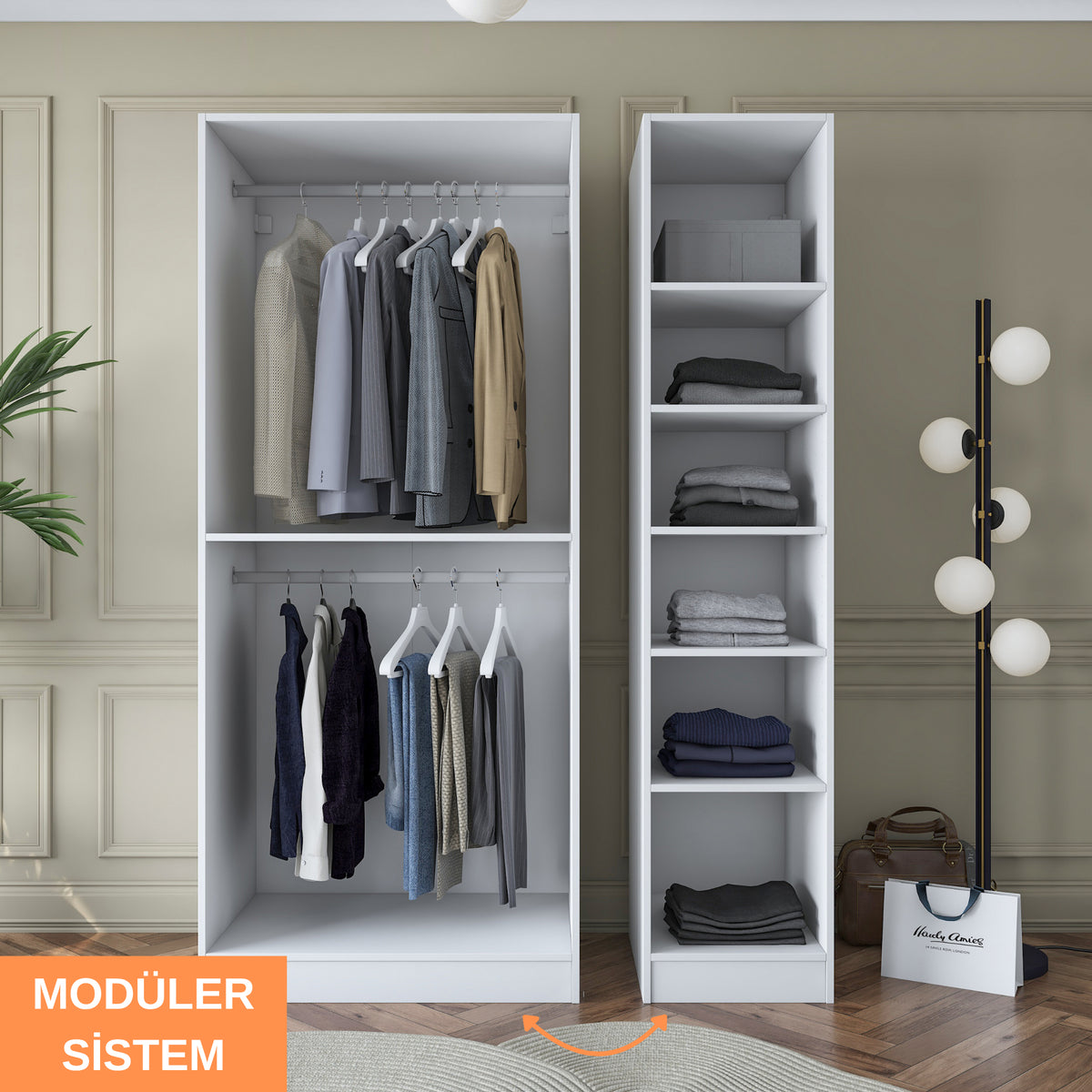 Rani BA164 beyaz 3 kapaklı gardırop, 6 raflı ve 2 askılı modüler elbise dolabı modern yatak odası görünümü