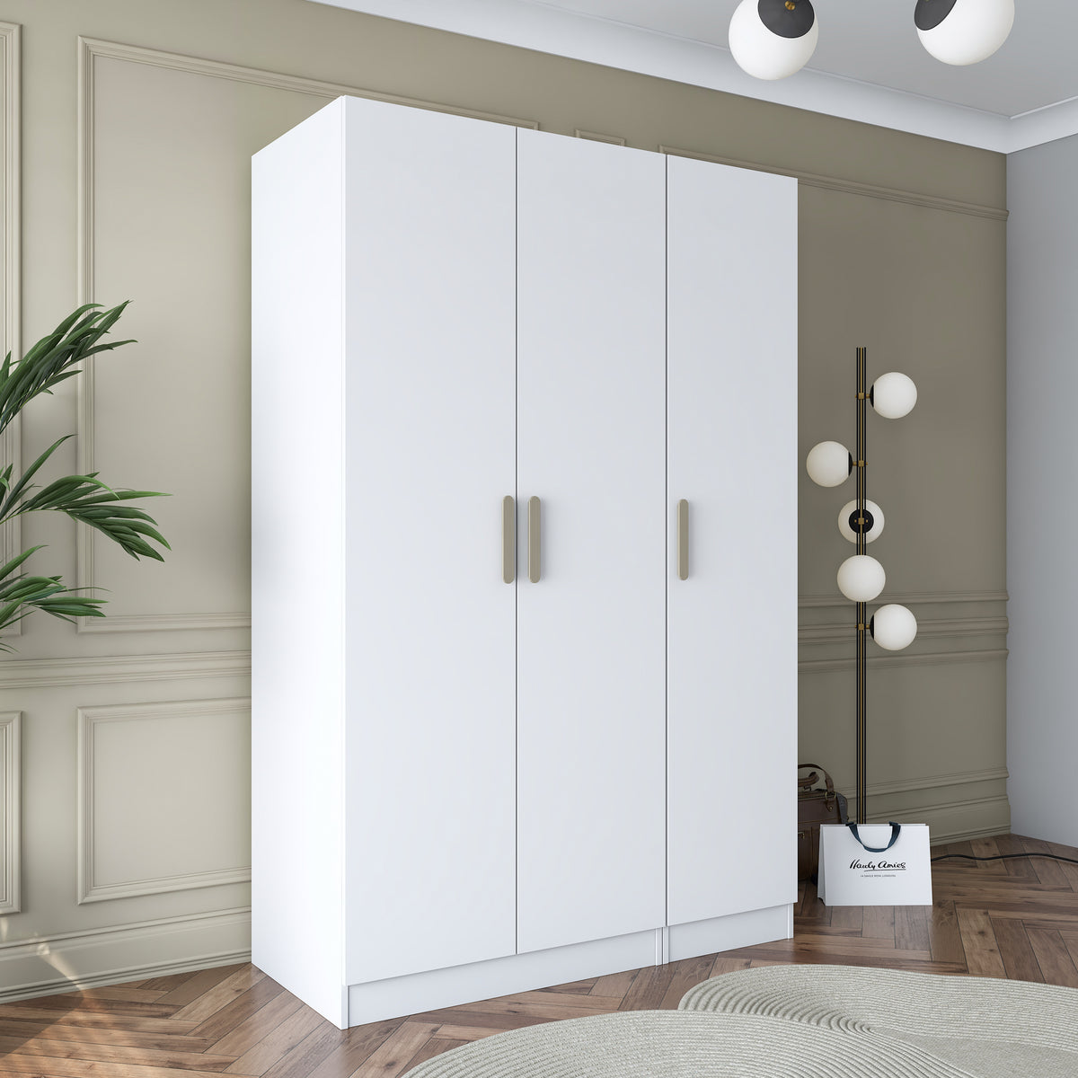 Rani BA164 beyaz 3 kapaklı gardırop, 6 raflı ve 2 askılı modüler elbise dolabı modern yatak odası görünümü