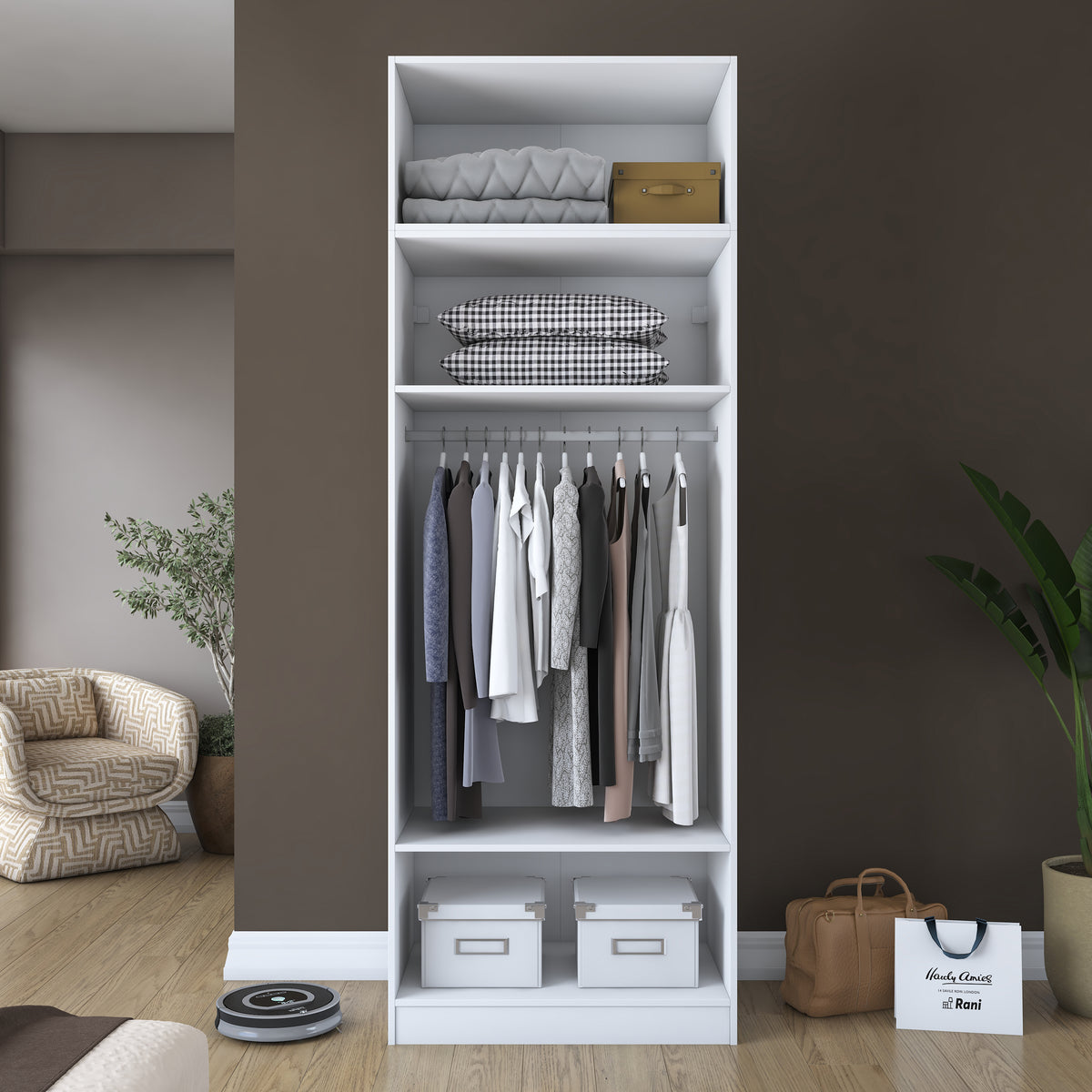 Rani BA211 Gardırop 2 Kapaklı 3 Raflı Askılı Elbise Dolabı Beyaz