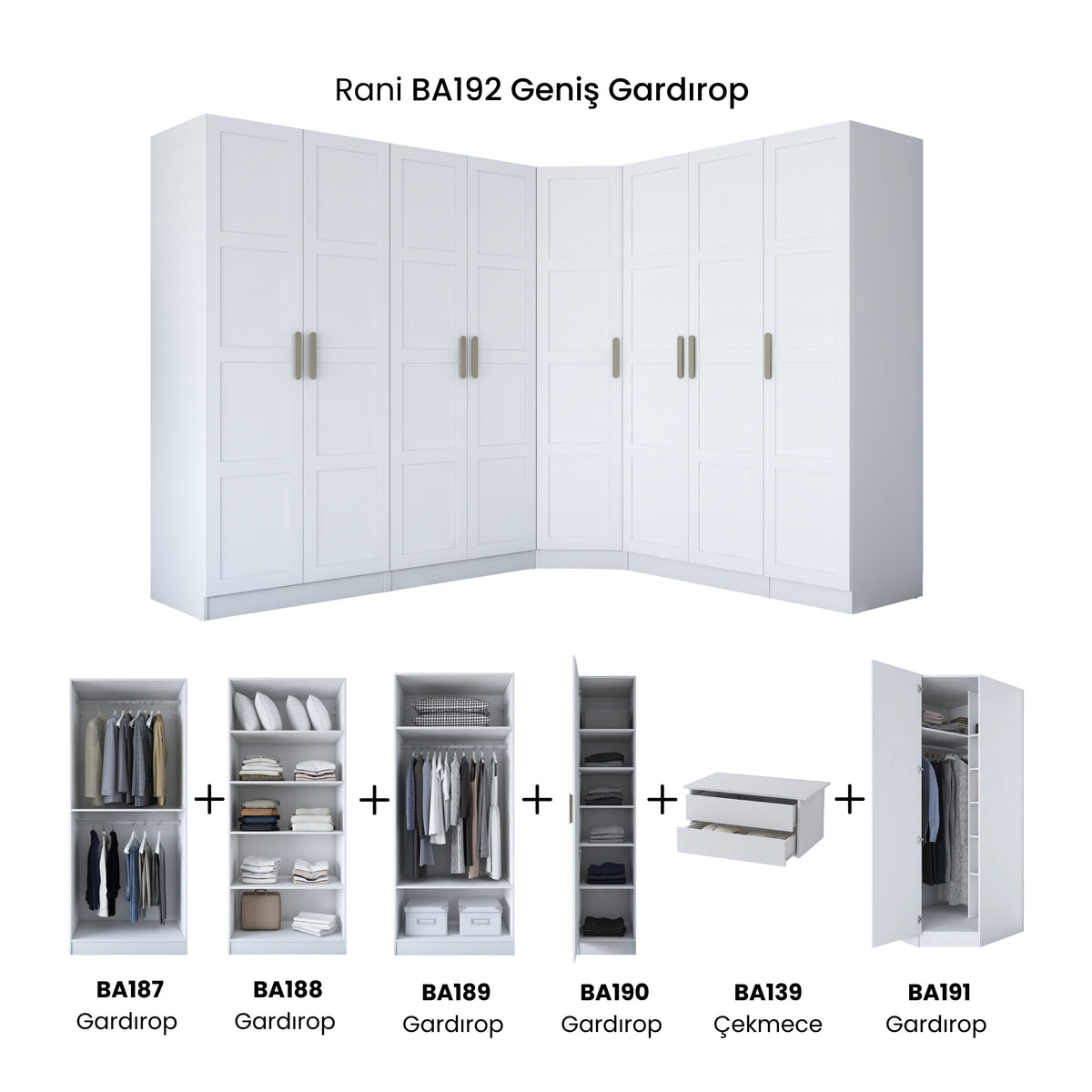 Rani BA192 geniş köşe gardırop membran kapaklı beyaz elbise dolabı