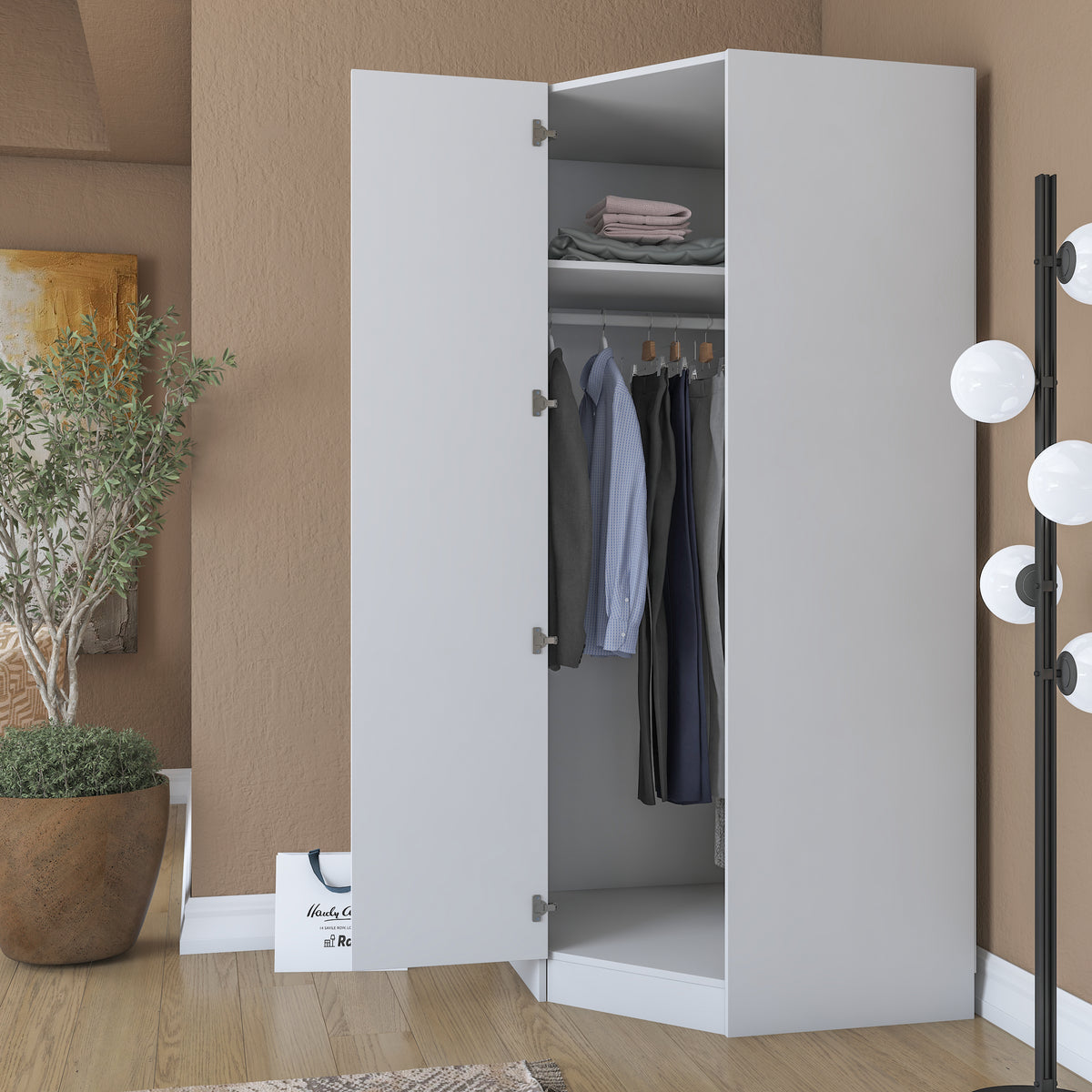 Rani BA205 Membran Kapaklı Köşe Modül Gardırop Tek Kapaklı 6 Raflı Askılı Elbise Dolabı Beyaz
