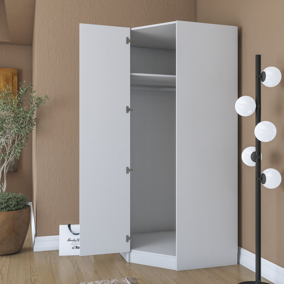 Rani BA205 Membran Kapaklı Köşe Modül Gardırop Tek Kapaklı 6 Raflı Askılı Elbise Dolabı Beyaz