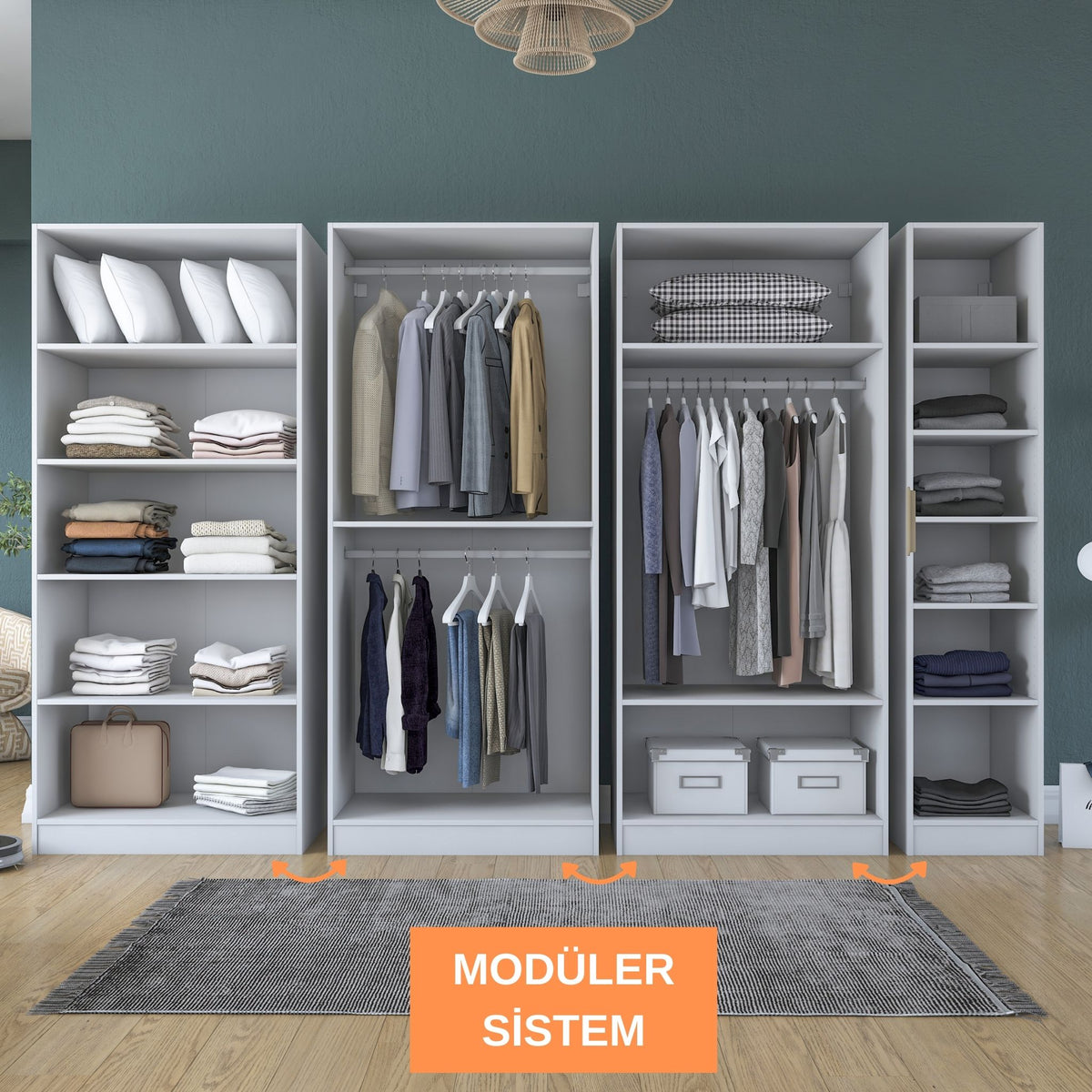 Rani BA207 Membran Kapaklı Modüler Gardırop 7 Kapaklı Raflı Askılı Elbise Dolabı Beyaz
