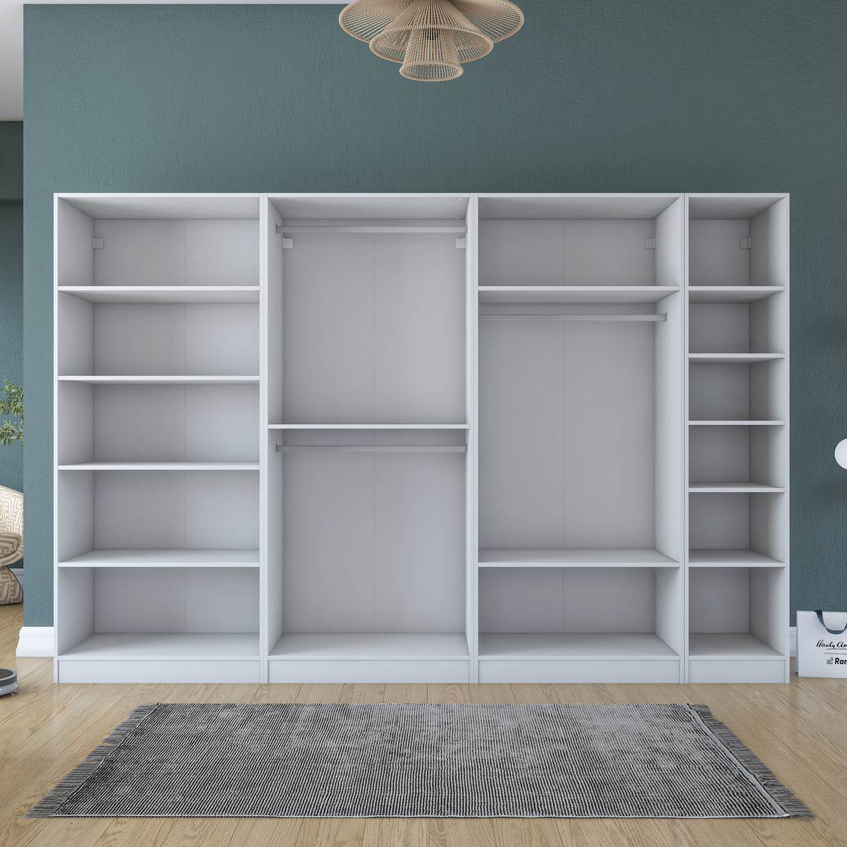 Rani BA207 Membran Kapaklı Modüler Gardırop 7 Kapaklı Raflı Askılı Elbise Dolabı Beyaz