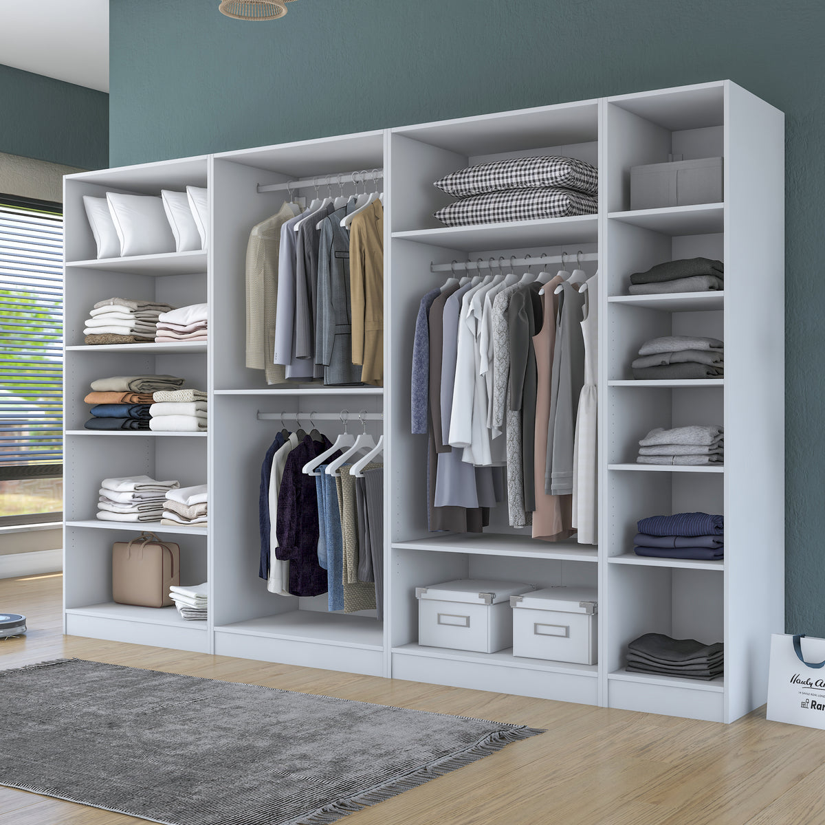 Rani BA207 Membran Kapaklı Modüler Gardırop 7 Kapaklı Raflı Askılı Elbise Dolabı Beyaz