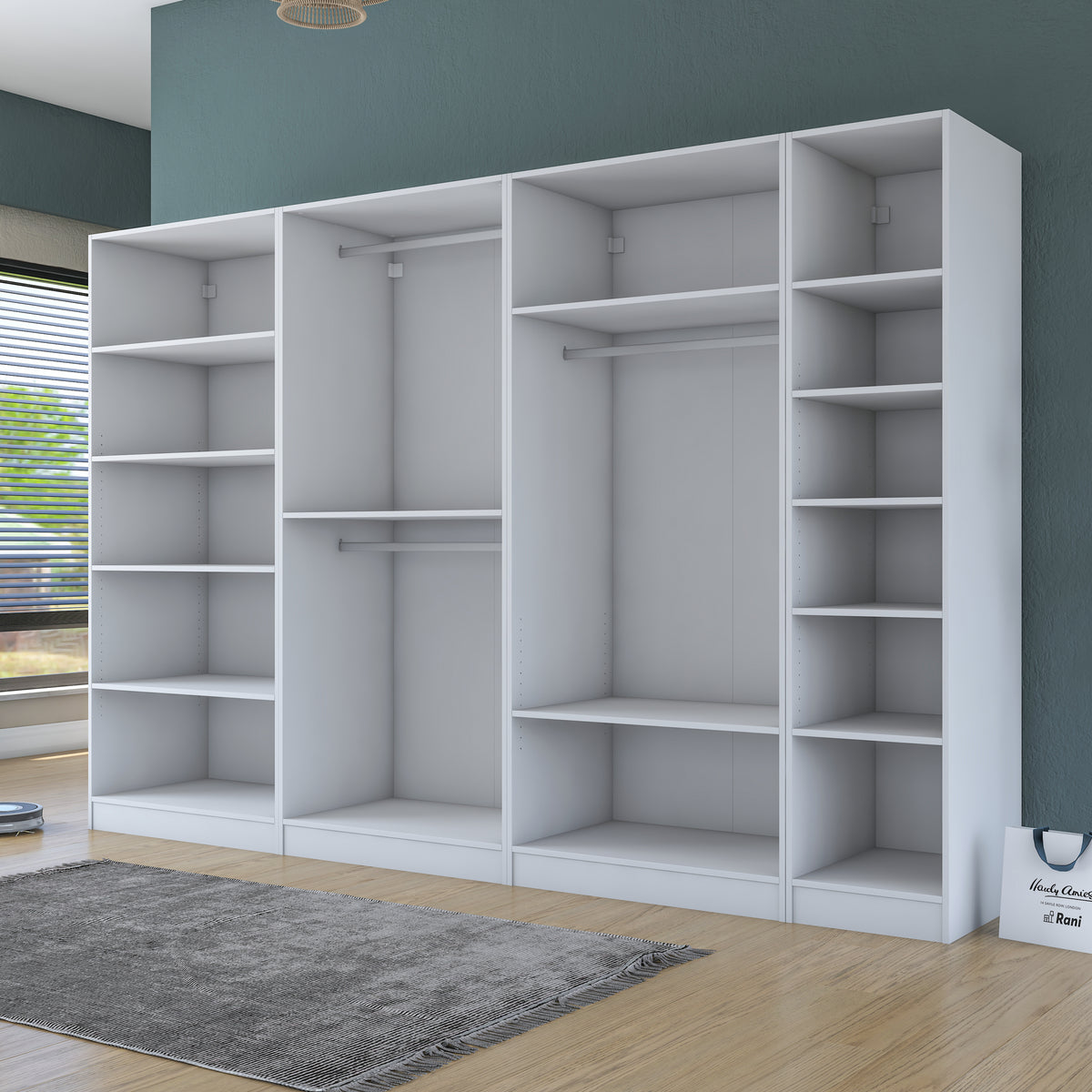 Rani BA207 Membran Kapaklı Modüler Gardırop 7 Kapaklı Raflı Askılı Elbise Dolabı Beyaz