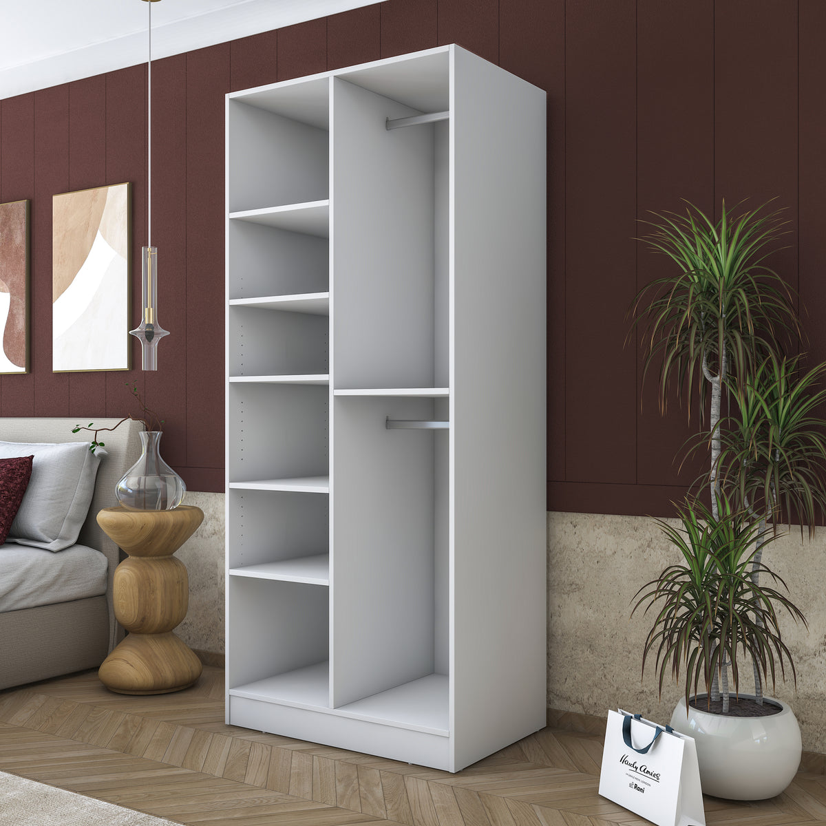 Rani BA171 Gardırop 2 Kapaklı 6 Raflı 2 Askılı Elbise Dolabı Beyaz