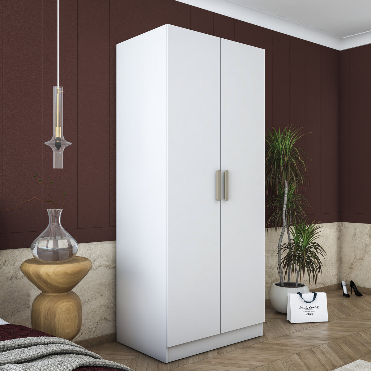 Rani BA171 Gardırop 2 Kapaklı 6 Raflı 2 Askılı Elbise Dolabı Beyaz