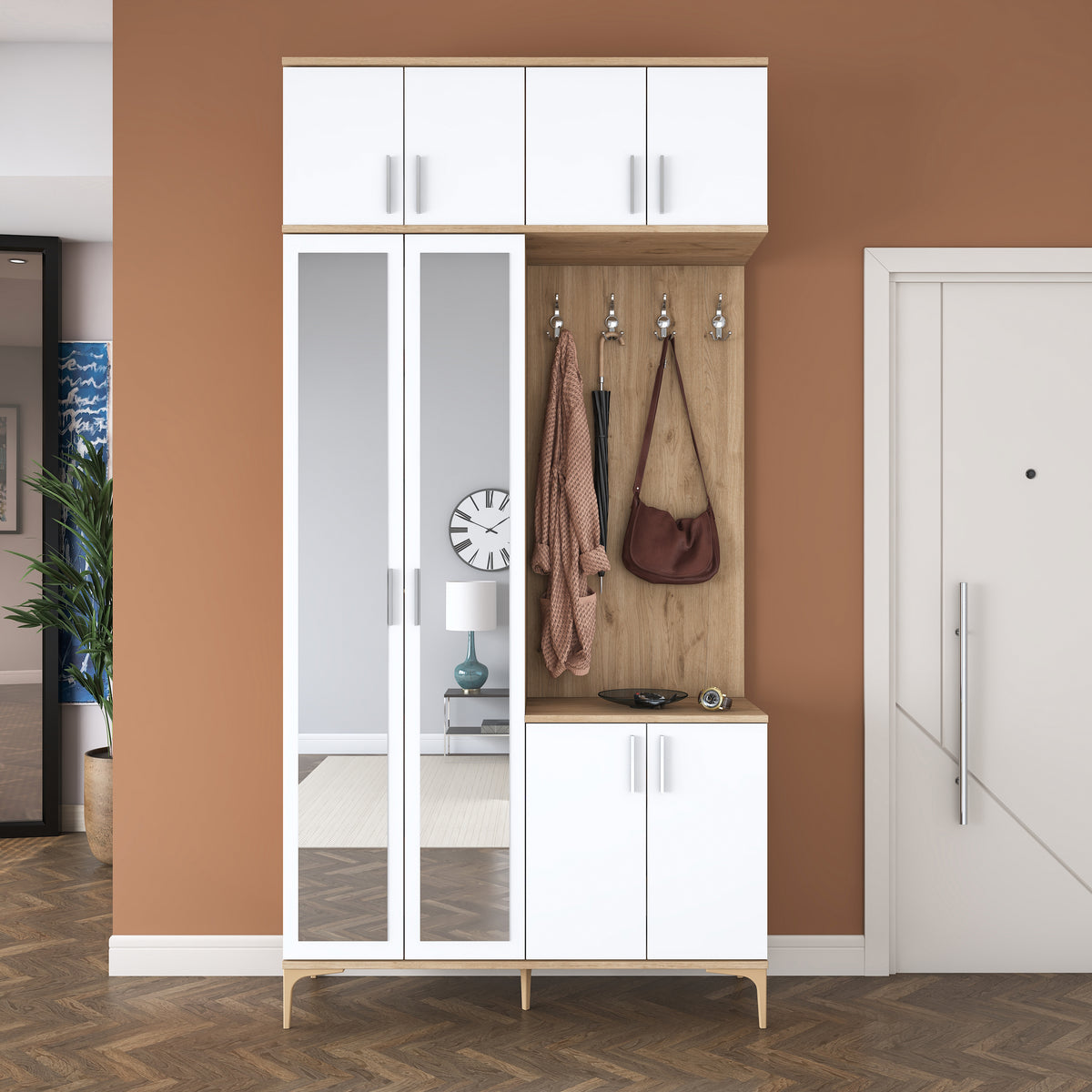 Rani EA153 Modern Portmanto 8 Kapaklı Aynalı Raflı Askılı Ayakkabılık Vestiyer Sepet Ceviz - Beyaz