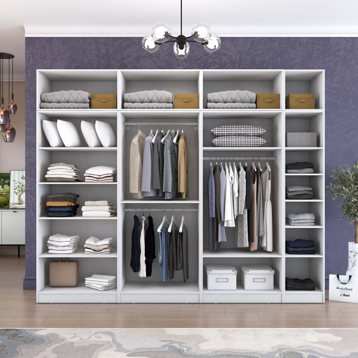 Rani BA215 Modüler Gardırop 7 Kapaklı Raflı Askılı Elbise Dolabı Beyaz