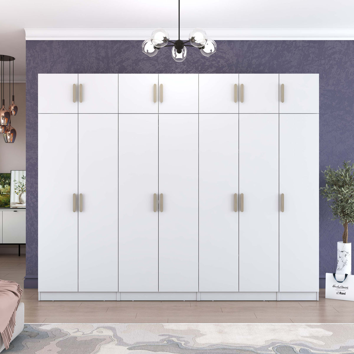 Rani BA215 Modüler Gardırop 7 Kapaklı Raflı Askılı Elbise Dolabı Beyaz