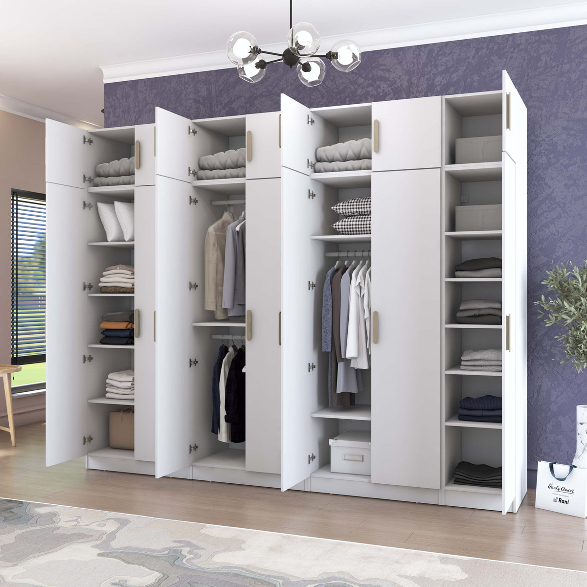 Rani BA215 Modüler Gardırop 7 Kapaklı Raflı Askılı Elbise Dolabı Beyaz