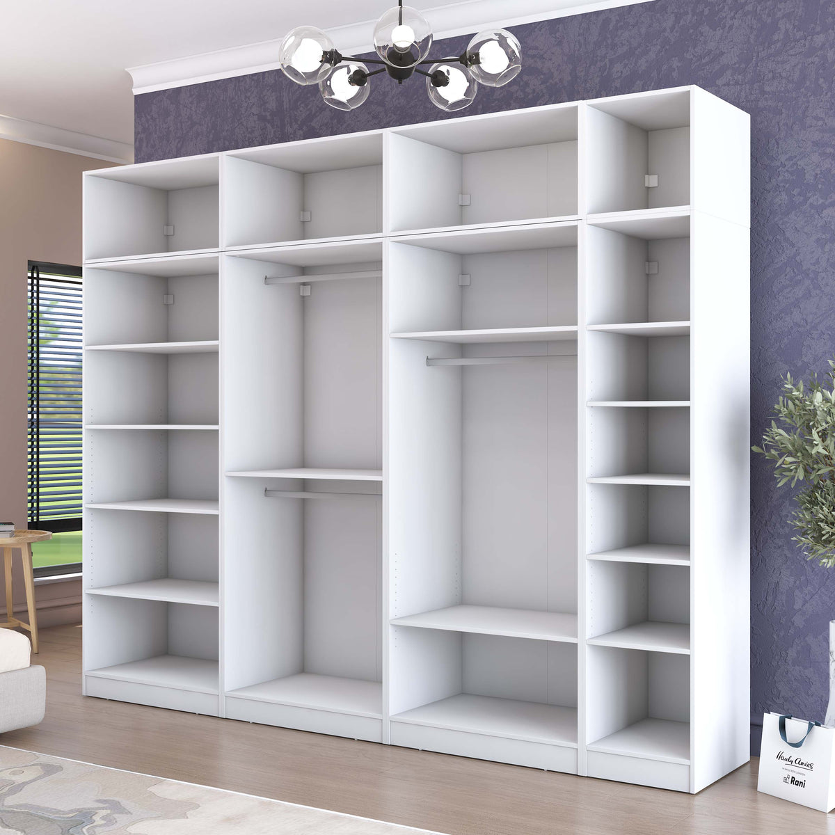 Rani BA215 Modüler Gardırop 7 Kapaklı Raflı Askılı Elbise Dolabı Beyaz