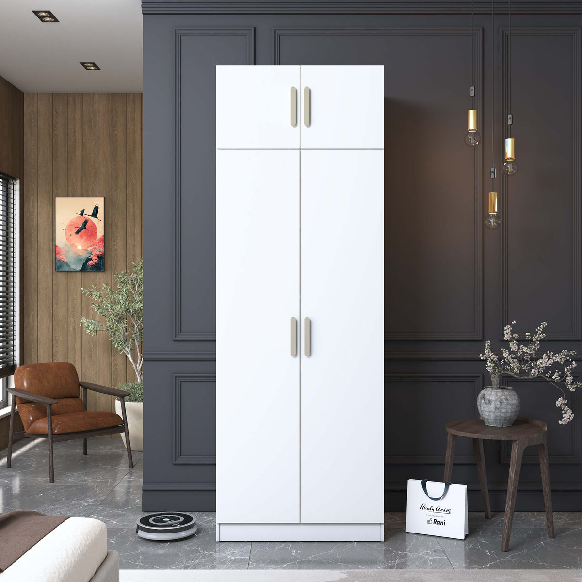 Rani BA210 Gardırop 2 Kapaklı 5 Raflı Elbise Dolabı Beyaz