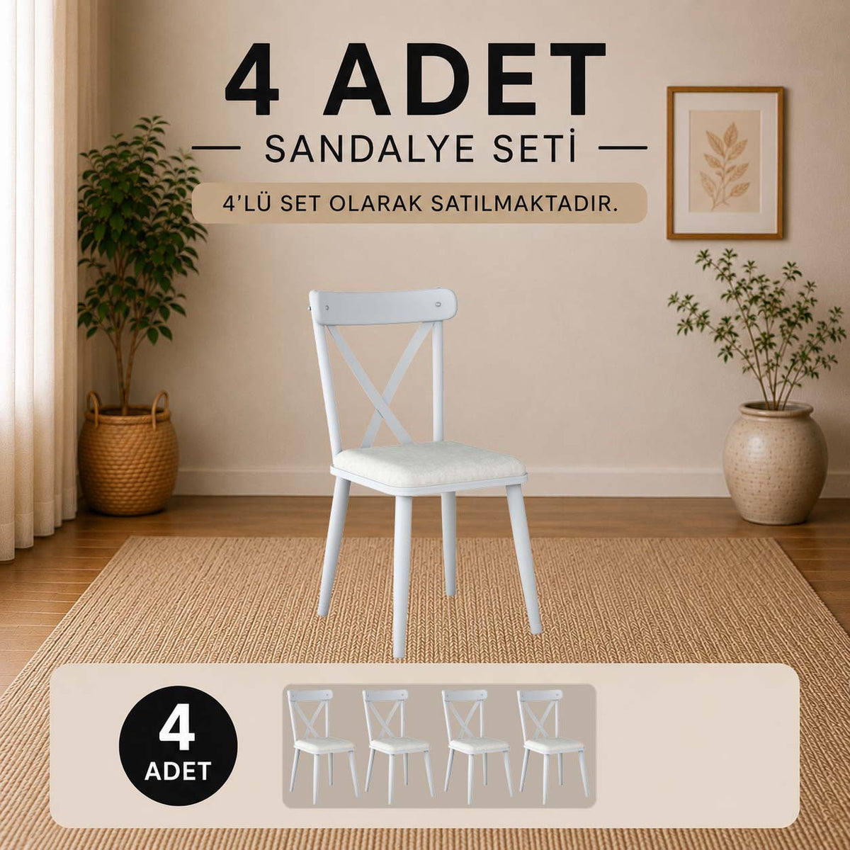 Rani JB108 Metal Sandalye Thonet Sandalye 4'lü Mutfak Yemek Masası Sandalyesi Beyaz