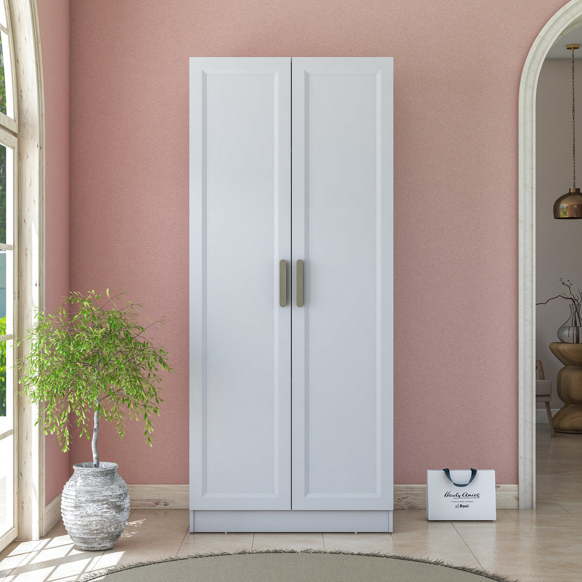 Rani BA226 Membran Kapaklı Gardırop 2 Kapaklı 2 Raflı Askılı Elbise Dolabı Beyaz