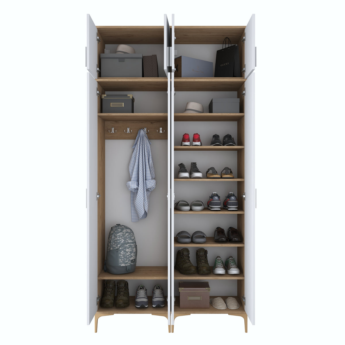 Rani EA161 Modern Portmanto 8 Kapaklı 8 Raflı 4 Askılı Ayakkabılık Vestiyer Sepet Ceviz - Beyaz