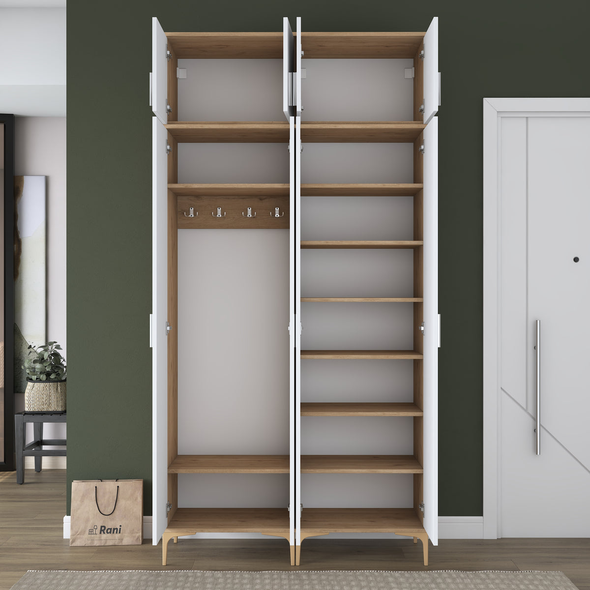 Rani EA161 Modern Portmanto 8 Kapaklı 8 Raflı 4 Askılı Ayakkabılık Vestiyer Sepet Ceviz - Beyaz