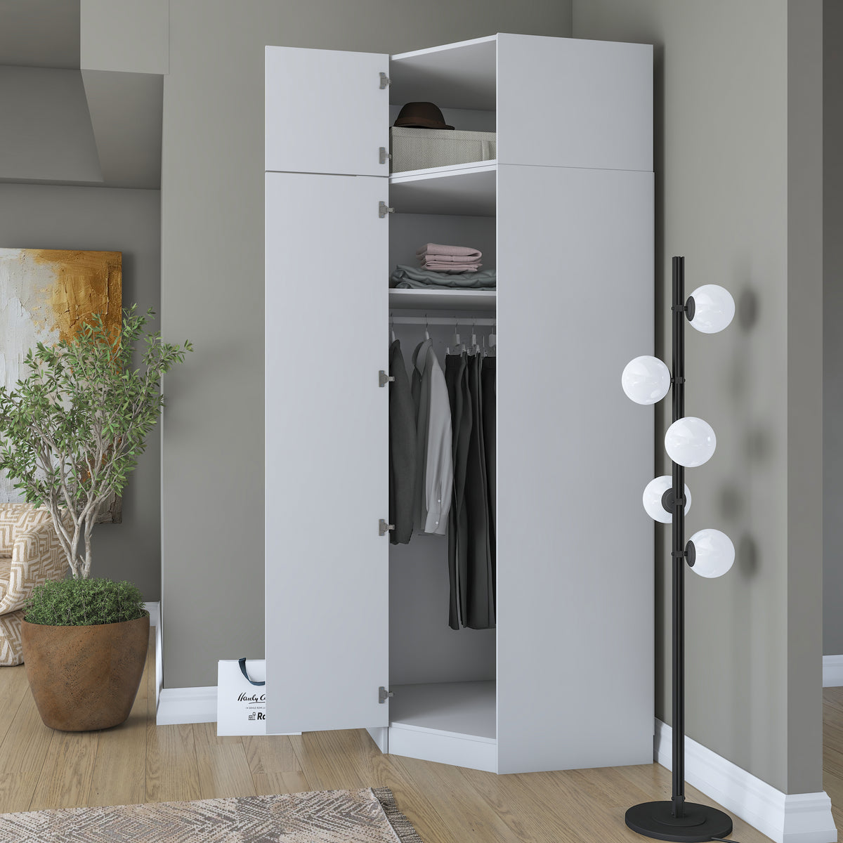 Rani BA213 Köşe Modül Gardırop Tek Kapaklı 7 Raflı Askılı Elbise Dolabı Beyaz