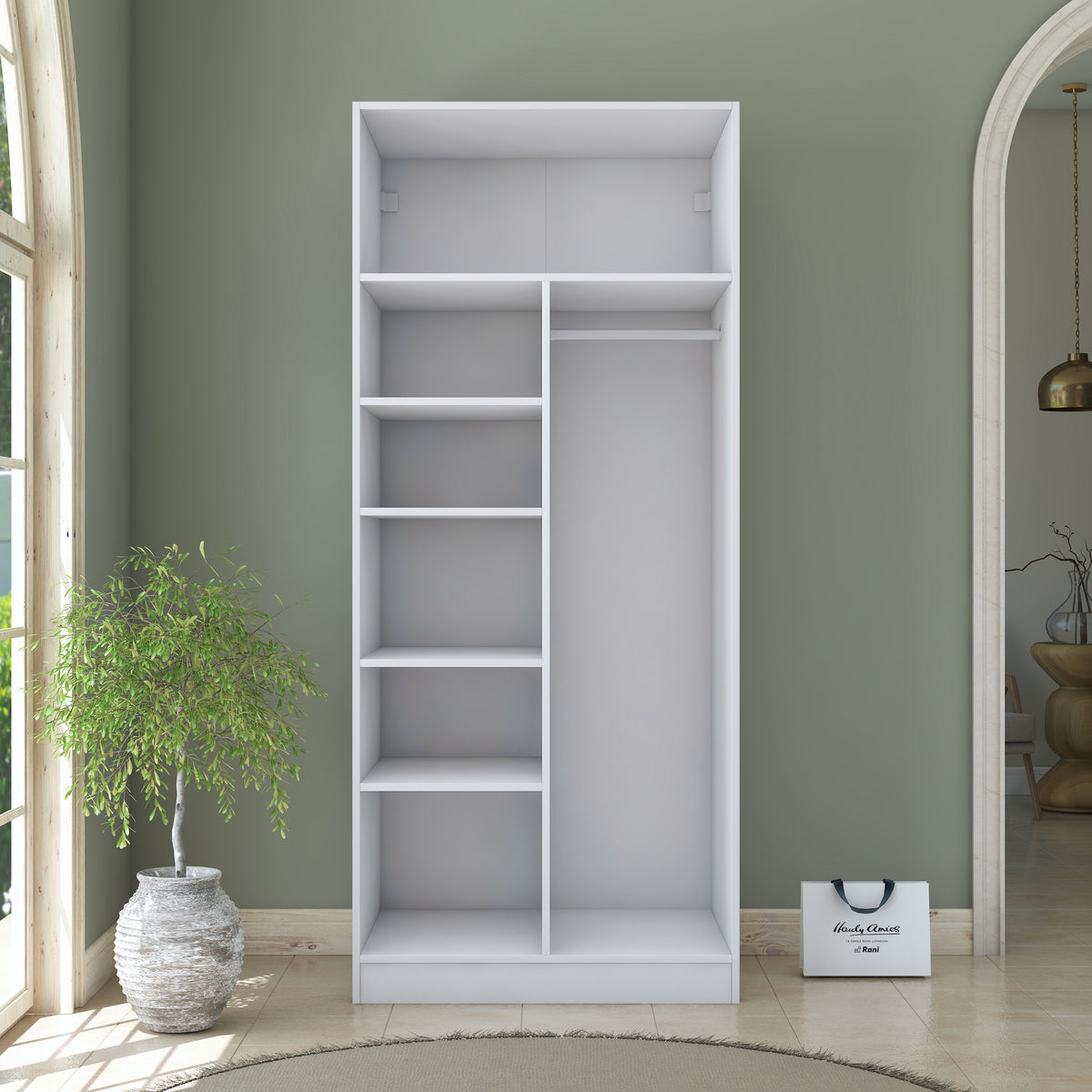 Rani BA223 Membran Kapaklı Gardırop 2 Kapaklı 5 Raflı Askılı Elbise Dolabı Beyaz